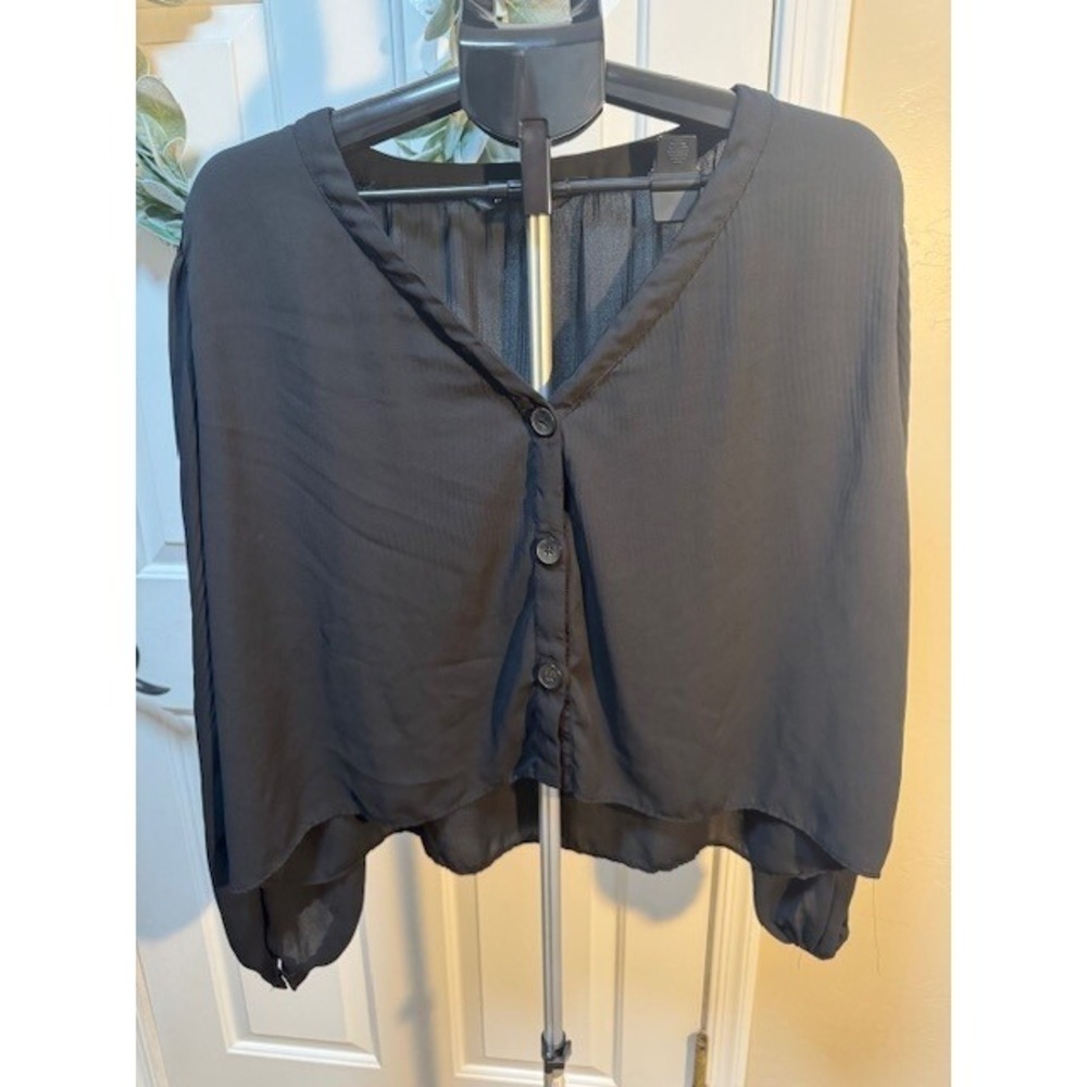 EUC ZARA black semi sheer button up crop long sleeve top Oversized Size S